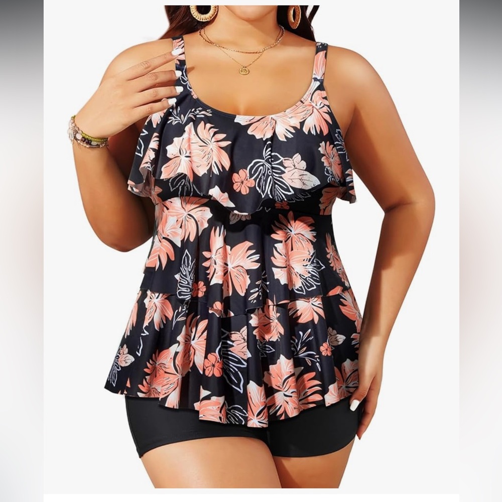 Plus Size Tankini Tummy Control 2 Piece Bathing Suit with Shorts